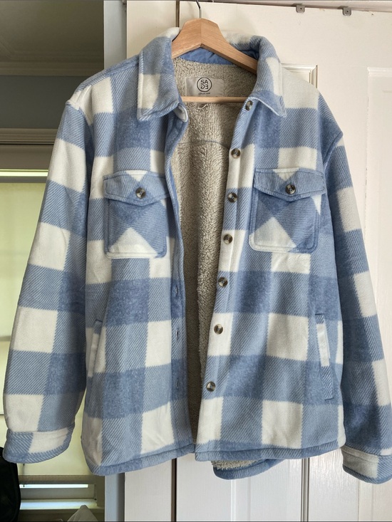 Sage Jackets & Blazers - Sage Blue & White Plaid Sherpa-Lined Shirt Jacket